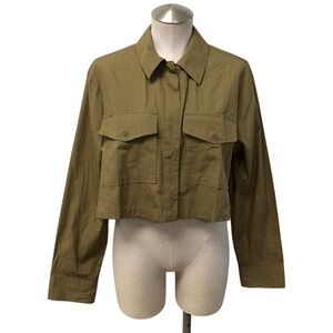 H&M Divided Cropped Shirt Womens Small Olive Green Cotton Boxy Long Sleeve Top